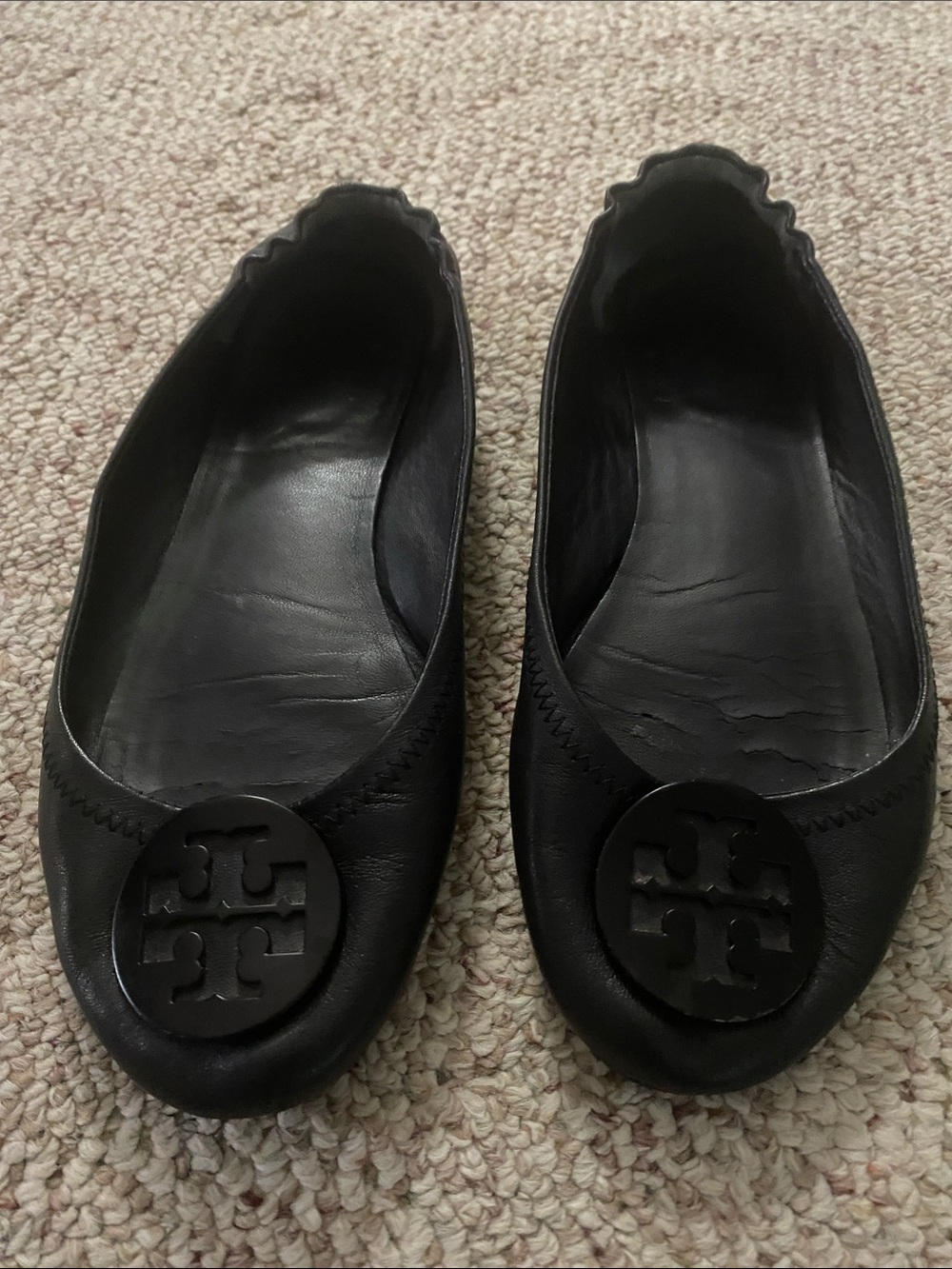 Tory Burch Black Leather Logo Ballet Flats